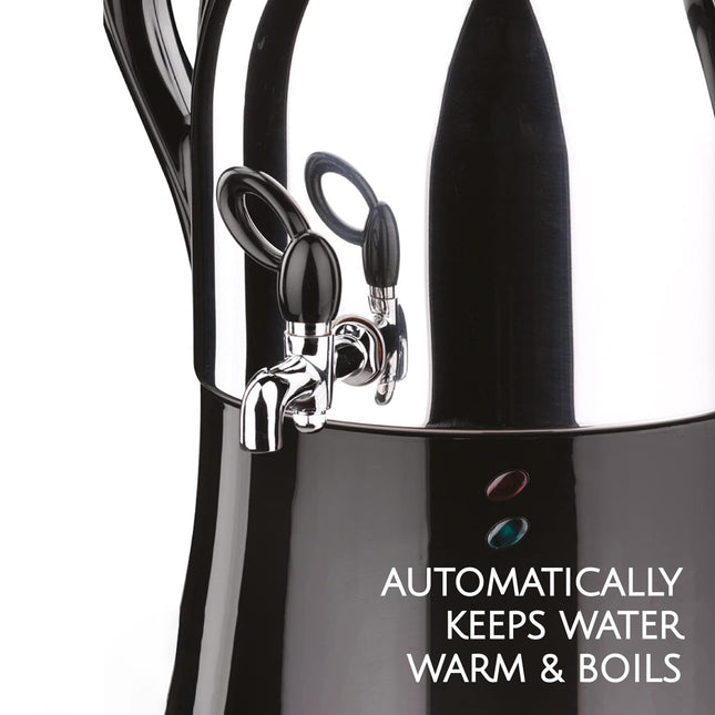 Korkmaz Caykolik A341-14 Stainless Steel Samovar, Upper Pot 1.1 L (37.1 Oz), Bottom Pot 3 L (101.4 Oz) Electric Turkish Tea Maker Set, Double Pots, Inox, Chrome, Black 110 V US Plug, 4.3- Quart