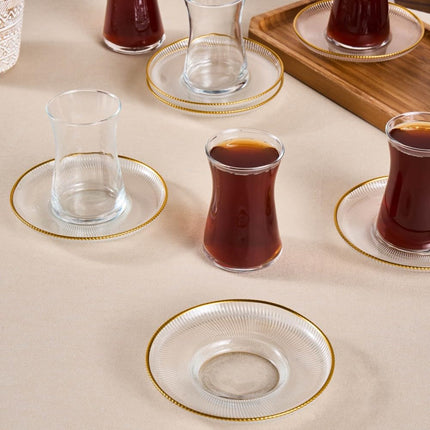 Karaca Juliet Turkish Tea Cups Set of 12, 170ml/5.74oz Turkish Tea Glasses with Gold Detail Saucers for 6 People, Ideal Glass Set for Mother's Day and Housewarming
