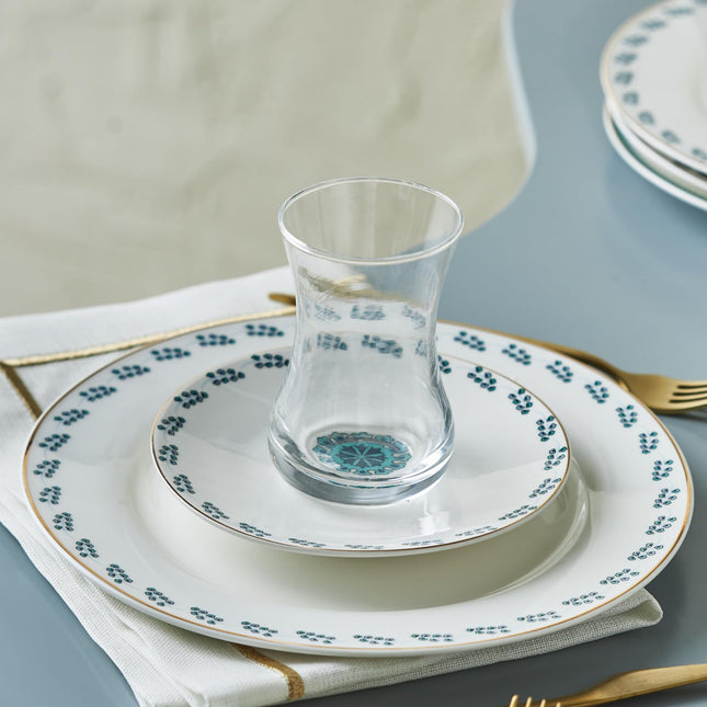 Karaca Iznik Turkish Teacups & Appetizer Plate Set for 6 People - Colorful Dessert Plates (7.4"), Small Turkish Tea Glasses with Saucers - 18 Piece Glass Tea Cups & Porcelain Dish Set