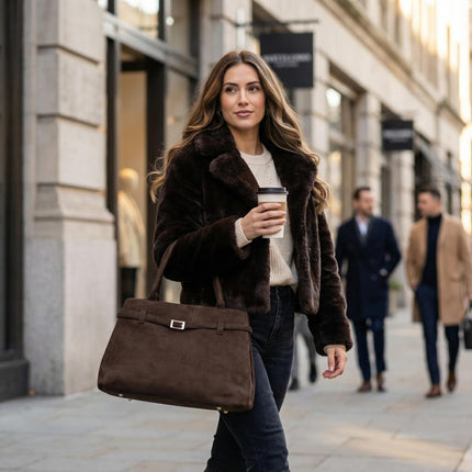 Base'ic Brown Suede Tote Bag - Vegan Brown Suede Purses for Women with Gold Hardware, Adjustable Belt, Magnetic Closure - Elegant Shoulder Bag Hobo Bag - Stylish Brown Purse - Work Bag, City Bag