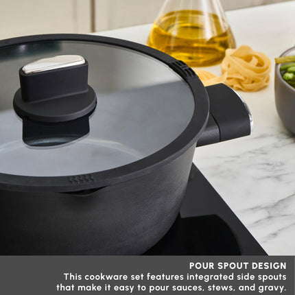 Karaca Swiss Crystal Ceramic Midnight Cookware Set - Non Stick Pots and Pans Set with Lid - PFAS-Free, Dishwasher Safe, Induction Hob Compatible Cookware, Black, 6 Piece