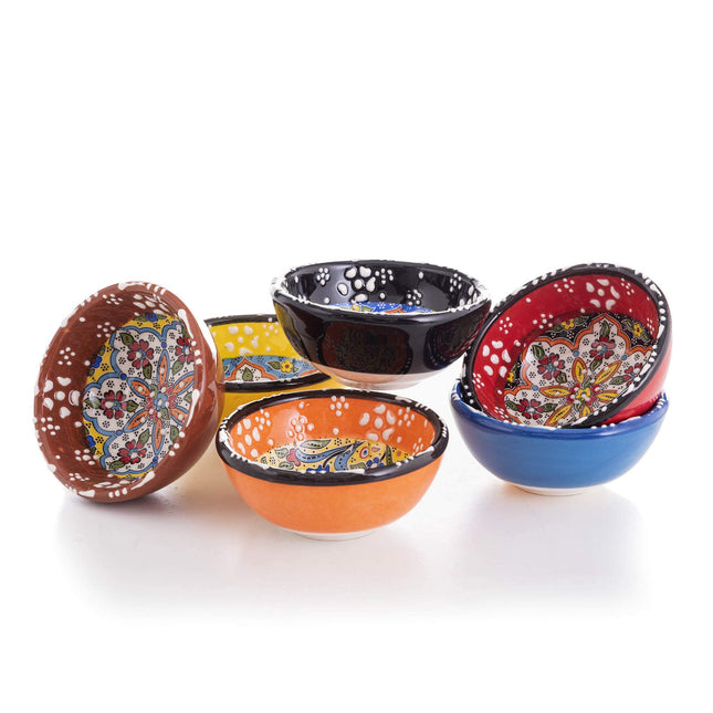 Ayennur Decorative Turkish Ceramic Bowl Set of 6 Serving-Handcrafted(3.14''- 8cm) 2.5oz Pinch Sauce Multicolor Dipping Finger Small Serving Charcuterie Bowls