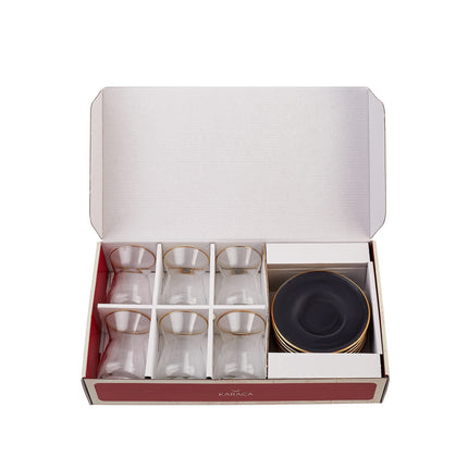 KARACA Retro Anthracite Tea Set for 6, 6 Turkish Tea Glasses, 12 Pcs, Gold Decal Details