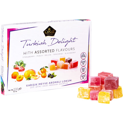 Cerez Pazari Turkish Delights Candy With Assorted Mix Flavors, Vegan Fruit Snacks Gift Box, Sweet Luxury Traditional Confectionery Turkish Delight, Loukoumi With No Nuts, 8.1 oz.