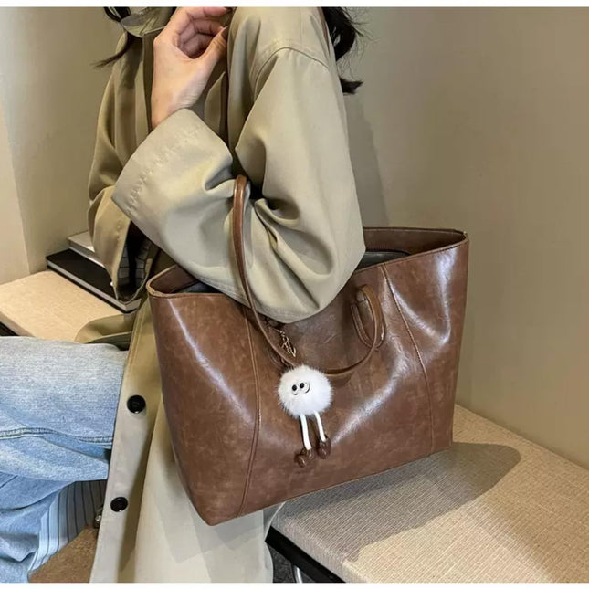 Base'ic Women's Large Vegan Leather Tote Bag – Shoulder Handbag with Inner Pocket &amp; Decorative Charm, Work &amp; Travel Purse (Light Brown)