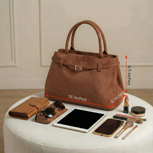 Base'ic Brown Suede Tote Bag - Vegan Brown Suede Purses for Women with Gold Hardware, Adjustable Belt, Magnetic Closure - Elegant Shoulder Bag Hobo Bag - Stylish Brown Purse - Work Bag, City Bag