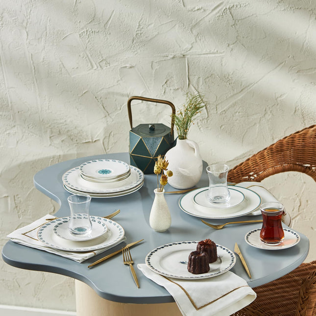 Karaca Iznik Turkish Teacups & Appetizer Plate Set for 6 People - Colorful Dessert Plates (7.4"), Small Turkish Tea Glasses with Saucers - 18 Piece Glass Tea Cups & Porcelain Dish Set