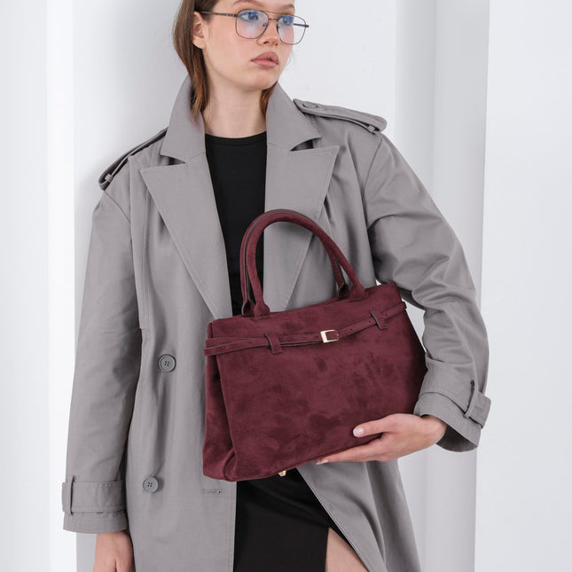 Base'ic Burgundy Suede Tote Bag - Vegan Burgundy Suede Purses for Women with Gold Hardware, Adjustable Belt, Magnetic Closure - Elegant Shoulder Bag Hobo Bag - Stylish Suede Purse - Work Bag, City Bag