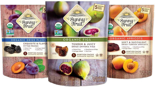 Sunny Fruit Organic Dried Fruit Assortment - Prunes, Figs & Apricots Variety, 3 Bags (15 Individual Portion Packs) | ORGANIC, NON-GMO, VEGAN, HALAL, KOSHER, NO PRESERVATIVES, NO SUGAR ADDED