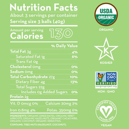 Sunny Fruit 100% RAW Fruit &amp; Nut Snacks, Apricot, Cacao Nibs &amp; Hazelnut, 1-Pack (9 Balls Per Bag) | Healthy, Convenient, On-the-Go Energy Balls | ORGANIC, VEGAN, GLUTEN-FREE, KOSHER, NO ADDED SUGAR