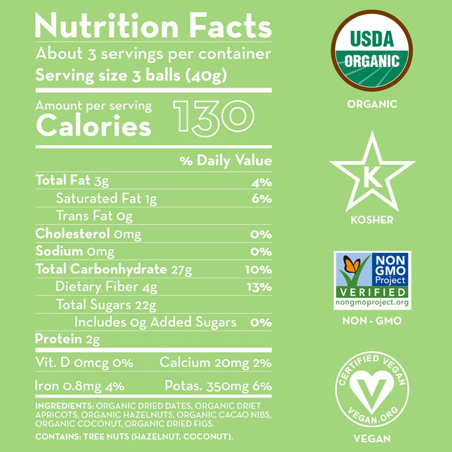 Sunny Fruit 100% RAW Fruit & Nut Snacks, Apricot, Cacao Nibs & Hazelnut, 1-Pack (9 Balls Per Bag) | Healthy, Convenient, On-the-Go Energy Balls | ORGANIC, VEGAN, GLUTEN-FREE, KOSHER, NO ADDED SUGAR