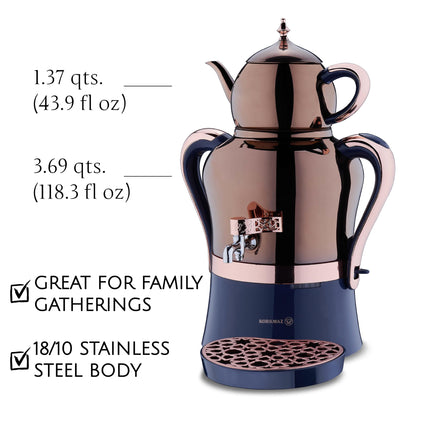 Korkmaz Hanedan A843-05 Stainless Steel Samovar, Upper Pot 1.3 L (43.9 Oz), Bottom Pot 3.5 L (118.3 Oz) Electric Turkish Tea Maker Set, Double Pots Tea Machine, Rosegold, 110 V US Plug, 5.1- Quart