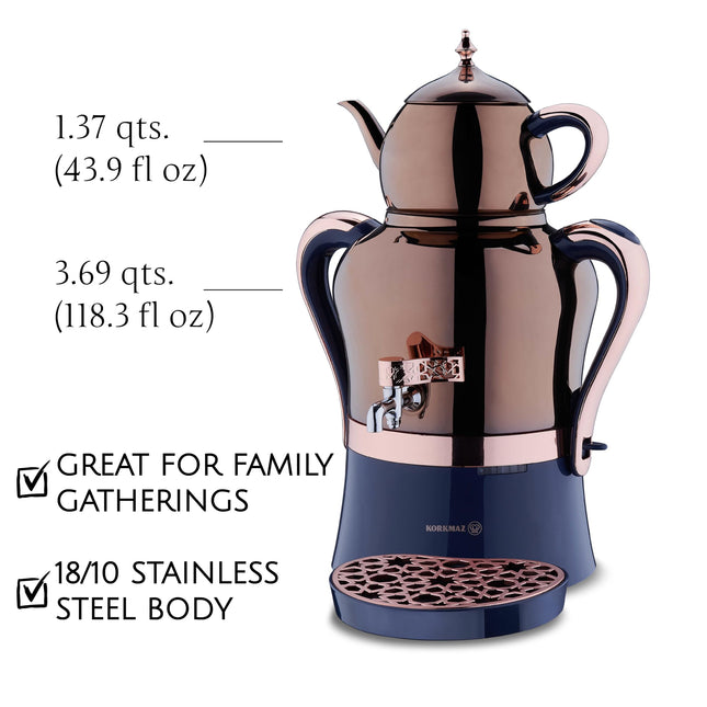 Korkmaz Hanedan A843-05 Stainless Steel Samovar, Upper Pot 1.3 L (43.9 Oz), Bottom Pot 3.5 L (118.3 Oz) Electric Turkish Tea Maker Set, Double Pots Tea Machine, Rosegold, 110 V US Plug, 5.1- Quart