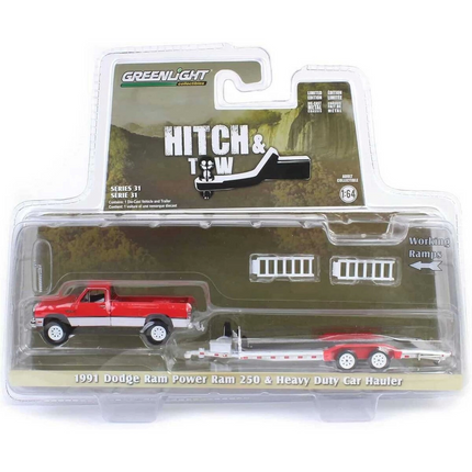 Greenlight 1/64 Hitch &amp; Tow Series 31 - 1991 Dodge Ram Power Ram 250 with Heavy Duty Car Hauler