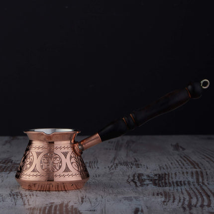 DEMMEX Thickest Copper Turkish Greek Arabic Coffee Pot, Stovetop Coffee Maker, Cezve Ibrik Briki with Wooden Handle &amp; Spoon, Hand Engraved (Copper, 9 fl Oz-3 ppl)