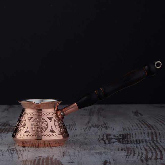 DEMMEX Thickest Copper Turkish Greek Arabic Coffee Pot, Stovetop Coffee Maker, Cezve Ibrik Briki with Wooden Handle &amp; Spoon, Hand Engraved (Copper, 9 fl Oz-3 ppl)