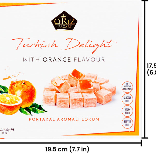 Cerez Pazari Turkish Delight with Orange Flavor 454 gr Gourmet Medium Size Snacks Gift Box | No Nuts Sweet Luxury Traditional Confectionery Vegan Soft Candy Dessert Glucose Free Turkish Delight Approx.42 Pcs