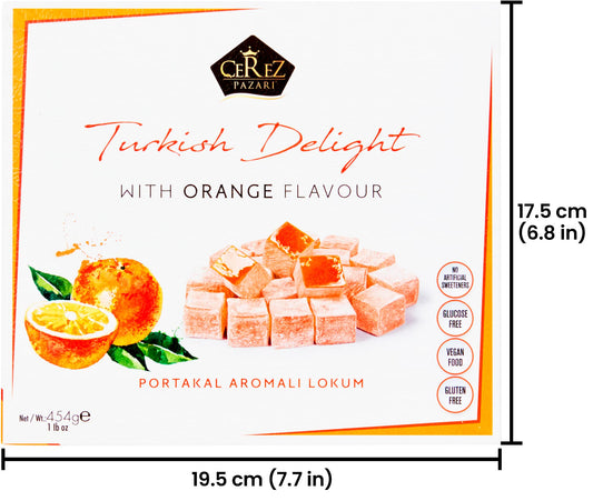 Cerez Pazari Turkish Delight with Orange Flavor 454 gr Gourmet Medium Size Snacks Gift Box | No Nuts Sweet Luxury Traditional Confectionery Vegan Soft Candy Dessert Glucose Free Lokum Approx.42 Pcs