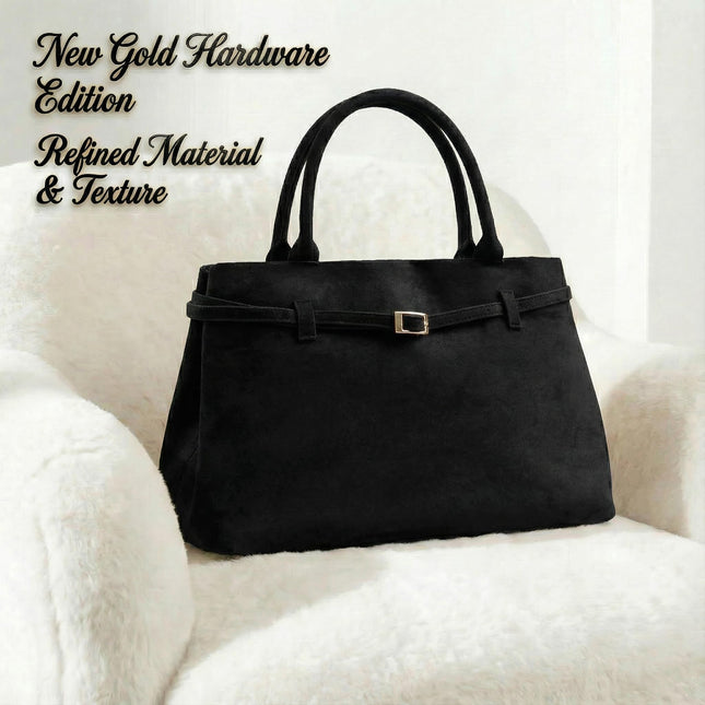 Base'ic Black Suede Tote Bag - Vegan Black Suede Purses for Women with Gold Hardware, Adjustable Belt, Magnetic Closure - Elegant Shoulder Bag Hobo Bag - Stylish Suede Purse - Work Bag, City Bag