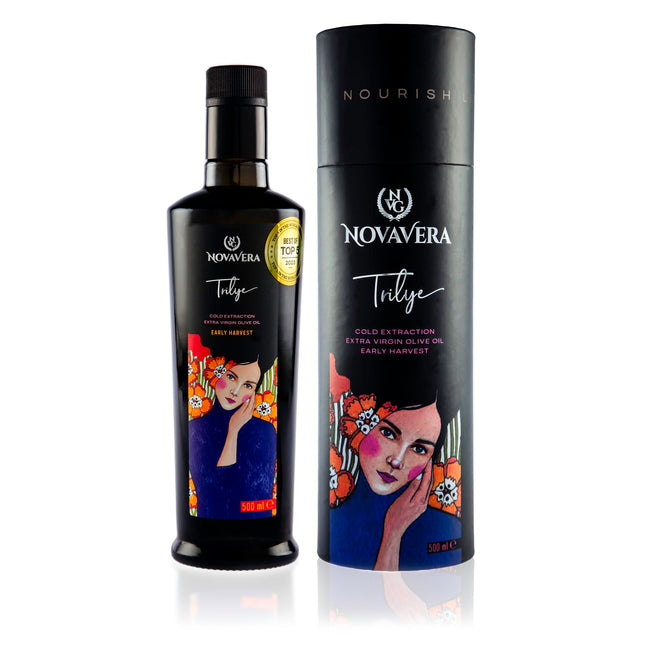 NVG NOVAVERA Trilye Polyphenol Rich Olive Oil, Medium, Pungency and Fruitiness With a Peppery Finish Extra Virgin Olive Oil, Evoo World Ranking Top 5, Low Acidity, Organic Agriculture, Early Harvest, Cold Pressed, 16.9 oz