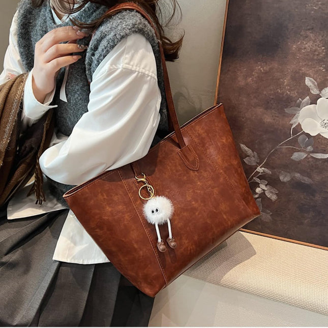 Base'ic Women's Large Vegan Leather Tote Bag – Shoulder Handbag with Inner Pocket &amp; Decorative Charm, Work &amp; Travel Purse (Brown)
