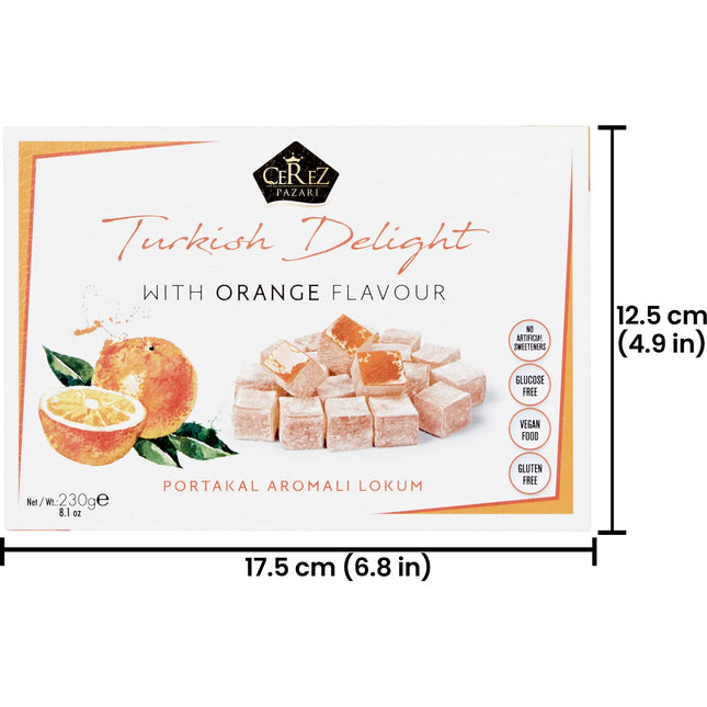 Cerez Pazari Turkish Delight Orange Flavor, Gourmet Small Size Snacks Gift Box, Sweet Traditional Confectionery, Vegan Soft Candy Dessert Loukoumi, Nut & Glucose-Free Turkish Delight, Approx. 40Pcs, 8.1oz.