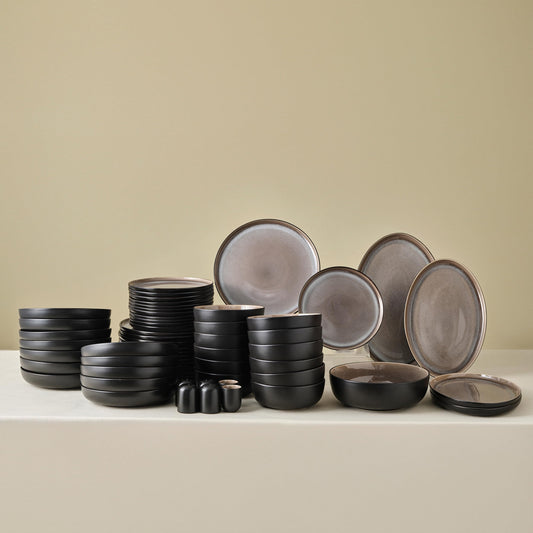 Karaca Mercure Stoneware Plates and Bowls Set, Reactive Glaze Black Dinner Set, Complete Kitchen Tableware Collection, Ideal Dinnerware for 12 People Dining Experience, Dishwasher Safe, 59 Piece