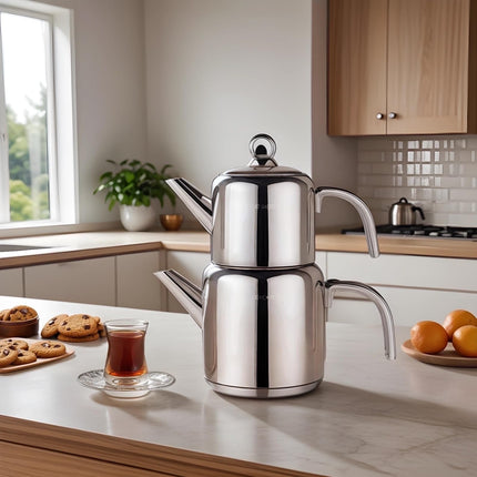 Karaca New Mani Turkish Tea Set for Stovetop, Induction Base Stainless Steel Tea Maker (1L Teapot &amp; 2L Tea Kettle), Dishwasher Safe, Non-Burning Handles Samovar Style
