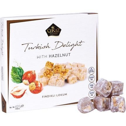 Cerez Pazari Turkish Delight Hazelnut Candy Gourmet Premium Vegan Sweets Medium Gift Box 14.8oz | Sweet Luxury Traditional Confectionery Soft Candy Dessert Glucose Free Turkish Delight (Loukoumi) | Apprx.42 Pcs