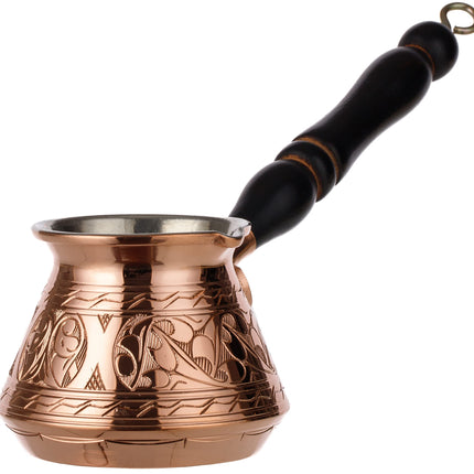 DEMMEX Thickest Copper Turkish Greek Arabic Coffee Pot, Stovetop Coffee Maker, Cezve Ibrik Briki with Wooden Handle &amp; Spoon, Hand Engraved (Copper, 9 fl Oz-3 ppl)