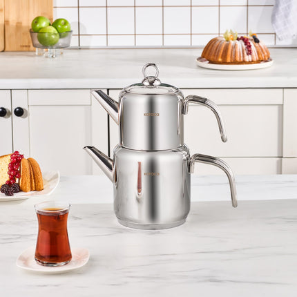 Karaca New Mani Turkish Tea Set for Stovetop, Induction Base Stainless Steel Tea Maker (1L Teapot &amp; 2L Tea Kettle), Dishwasher Safe, Non-Burning Handles Samovar Style