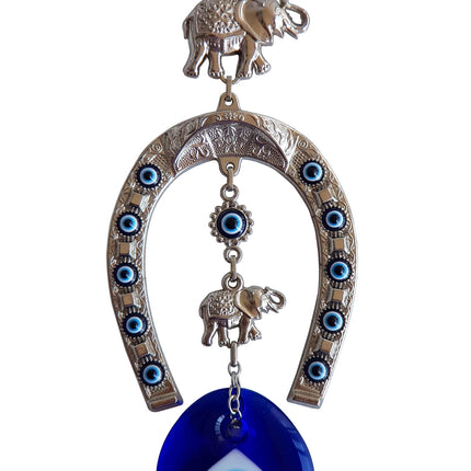 Erbulus Turkish Silver Horse Shoe Blue Evil Eye Wall Hanging Ornament with Elephant - Turkish Nazar Bead Amulet – Home Protection and Good Luck Charm Gift in a Box