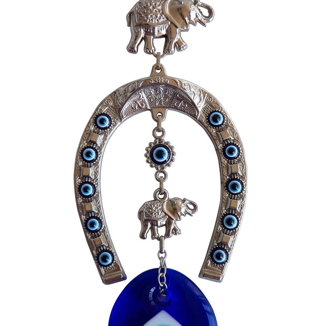 Erbulus Turkish Silver Horse Shoe Blue Evil Eye Wall Hanging Ornament with Elephant - Turkish Nazar Bead Amulet – Home Protection and Good Luck Charm Gift in a Box