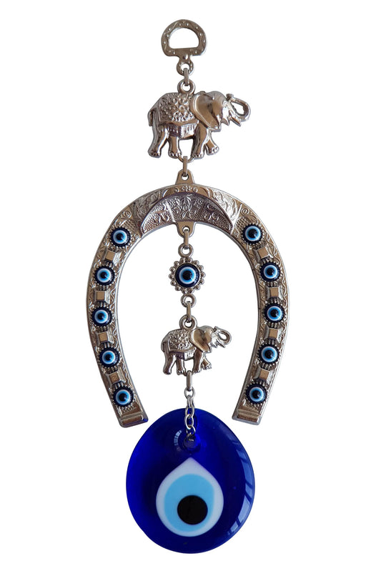 Erbulus Turkish Silver Horse Shoe Blue Evil Eye Wall Hanging Ornament with Elephant - Turkish Nazar Bead Amulet – Home Protection and Good Luck Charm Gift in a Box