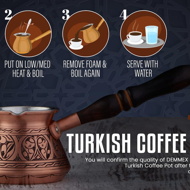 DEMMEX Thickest Copper Turkish Greek Arabic Coffee Pot, Stovetop Coffee Maker, Cezve Ibrik Briki with Wooden Handle &amp; Wooden Spoon, Hand Engraved (Matte Copper, 15 fl Oz)