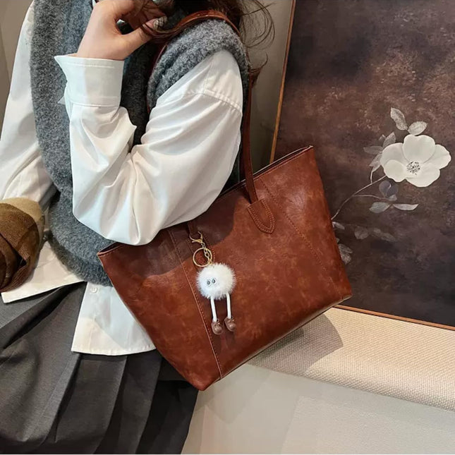 Base'ic Women's Large Vegan Leather Tote Bag – Shoulder Handbag with Inner Pocket &amp; Decorative Charm, Work &amp; Travel Purse (Brown)