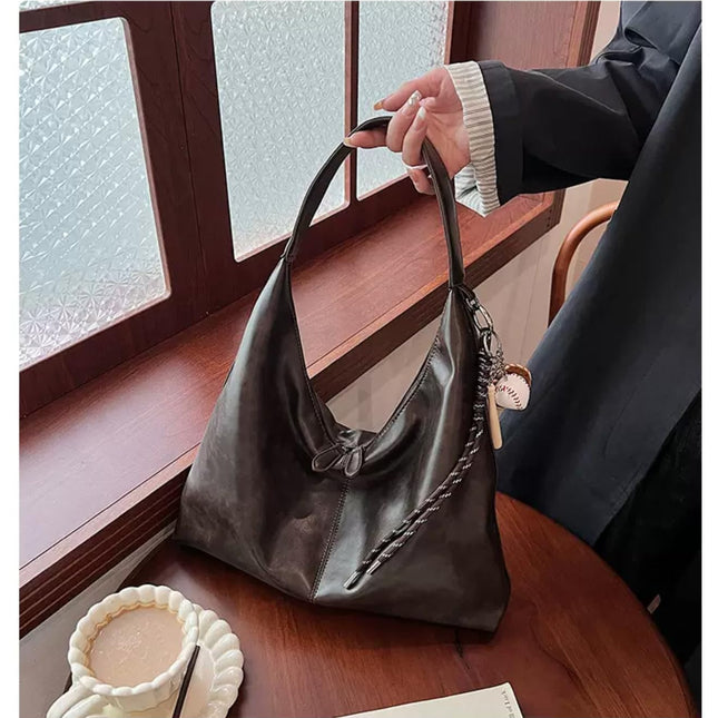 Base'ic Women's Vintage Hobo Vegan Leather Shoulder Bag – Large Capacity Crossbody Purse with Baseball Charm (Dark Brown)