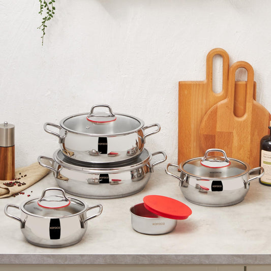 KARACA Stainless Steel Cookware Emirgan XL Set of 10 Piece, Pot, Deep Pot, Casserole, Container with Lid, Easy to Use Stylish Handles, Heat Resistant Cover, Essential Kitchen Accessory
