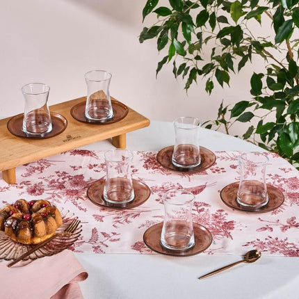 Karaca Juliet Turkish Tea Cups Set of 12, 170ml/5.74oz Turkish Tea Glasses with Brown Detail Saucers for 6 People, Ideal Glass Set for Mother's Day and Housewarming