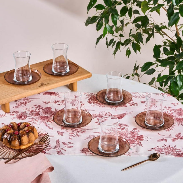 Karaca Juliet Turkish Tea Cups Set of 12, 170ml/5.74oz Turkish Tea Glasses with Brown Detail Saucers for 6 People, Ideal Glass Set for Mother's Day and Housewarming