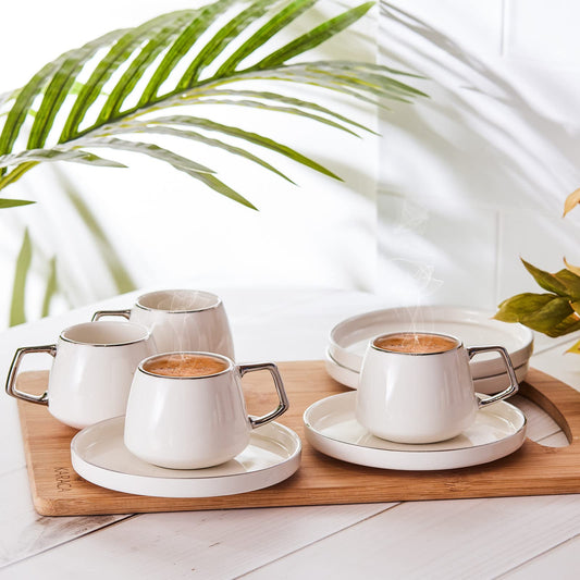 KARACA Saturn Platin Turkish Coffee Cup Set for 6 People - 12 Piece White Cups with Saucers - Small Porcelain Modern Set - Ideal for Serving Greek, Arabic Coffee & Espresso (3.3 fl oz)