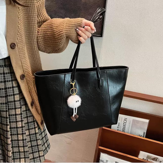 Base'ic Women's Large Vegan Leather Tote Bag – Shoulder Handbag with Inner Pocket &amp; Decorative Charm, Work &amp; Travel Purse (Black)