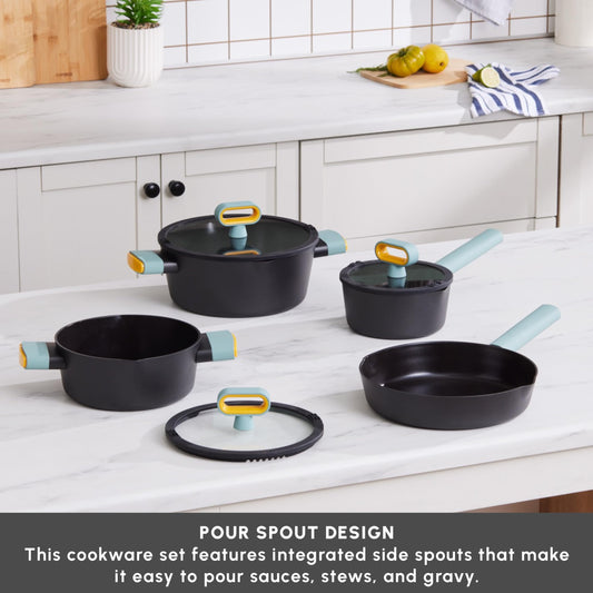 KARACA Fancy Ceramic Cookware Sets Black, Kitchen Pots & Pans Set Non Stick with Lid, Swiss Crystal Surface, Induction Cooking Utensils, 7-Piece, Dishwasher Safe