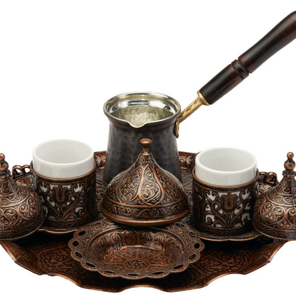DEMMEX Turkish Greek Arabic Coffee Making and Serving Full Set with Cups, Saucers, Lids, Sugar Bowl, Tray and Antiqued Copper Coffee Pot, 12 Pcs (Chocolate)