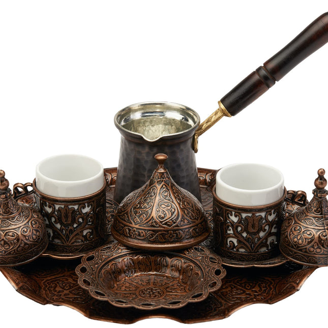 DEMMEX Turkish Greek Arabic Coffee Making and Serving Full Set with Cups, Saucers, Lids, Sugar Bowl, Tray and Antiqued Copper Coffee Pot, 12 Pcs (Chocolate)