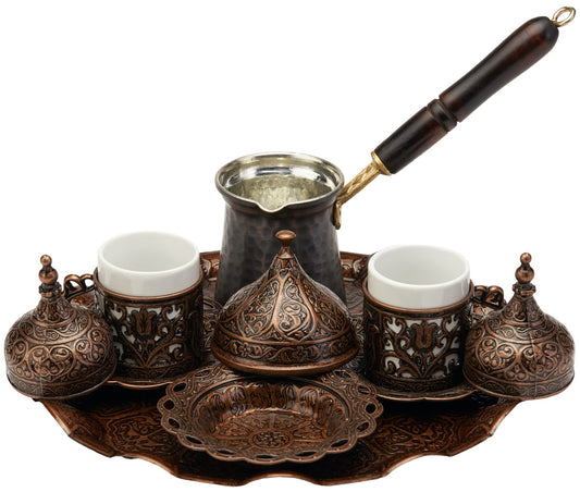 DEMMEX Turkish Greek Arabic Coffee Making and Serving Full Set with Cups, Saucers, Lids, Sugar Bowl, Tray and Antiqued Copper Coffee Pot, 12 Pcs (Chocolate)
