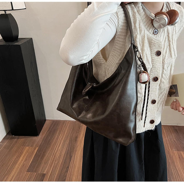 Base'ic Women's Vintage Hobo Vegan Leather Shoulder Bag – Large Capacity Crossbody Purse with Baseball Charm (Dark Brown)