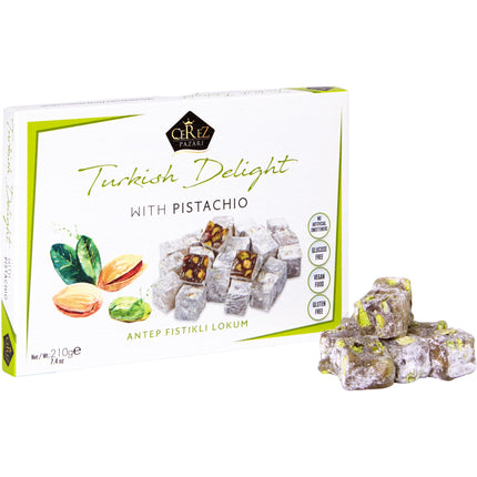 Cerez Pazari Turkish Delight Pistachio Candy, Gourmet Premium Vegan Sweets Small Gift Box, Luxury Traditional Confectionery Loukoumi, Soft Candy Dessert Glucose-Free Turkish Delight, 7.4 oz.