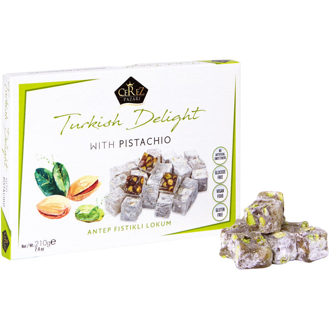 Cerez Pazari Turkish Delight Pistachio Candy, Gourmet Premium Vegan Sweets Small Gift Box, Luxury Traditional Confectionery Loukoumi, Soft Candy Dessert Glucose-Free Turkish Delight, 7.4 oz.