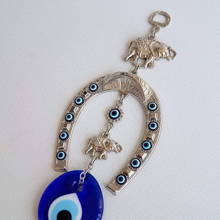 Erbulus Turkish Silver Horse Shoe Blue Evil Eye Wall Hanging Ornament with Elephant - Turkish Nazar Bead Amulet – Home Protection and Good Luck Charm Gift in a Box